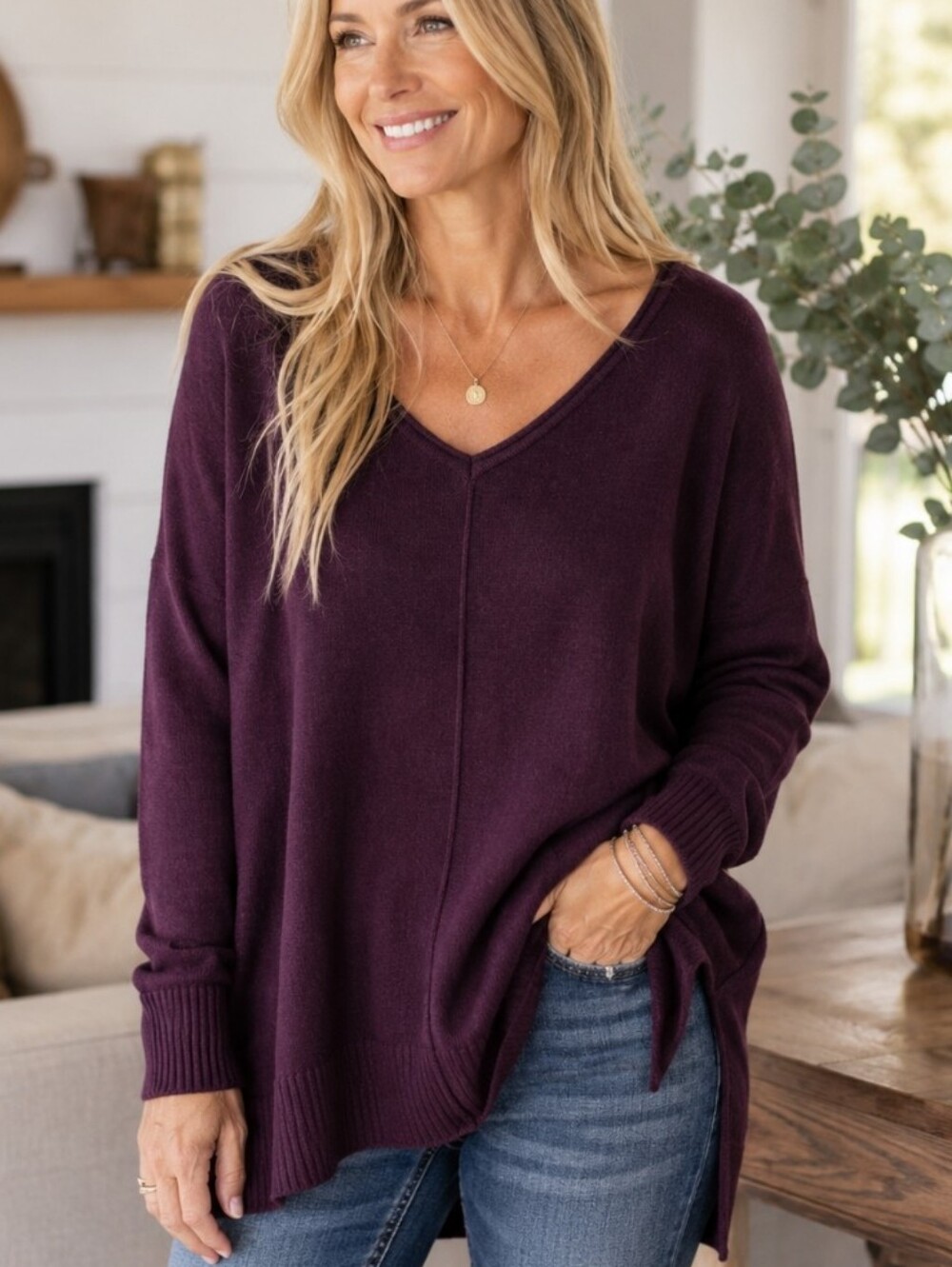 Chico's Zenergy Plum Cashmere Blend Tunic Sweater Women's Large V-Neck Soft Knit